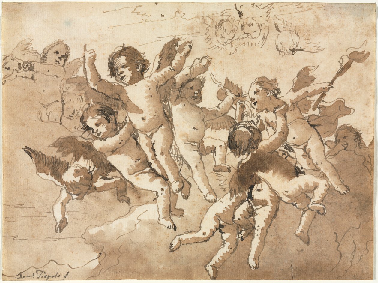 Amor i skyene med ledsagende kjeruber av Giovanni Domenico Tiepolo