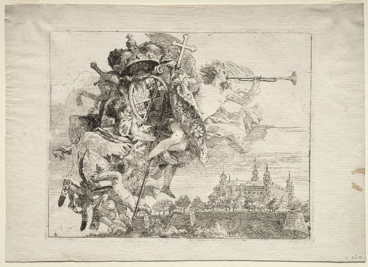 Flyvning til Egypt: Dedikasjon med bevinget berømmelsesfigur som bærer våpenet til prins-biskopen av Würzburg av Giovanni Domenico Tiepolo