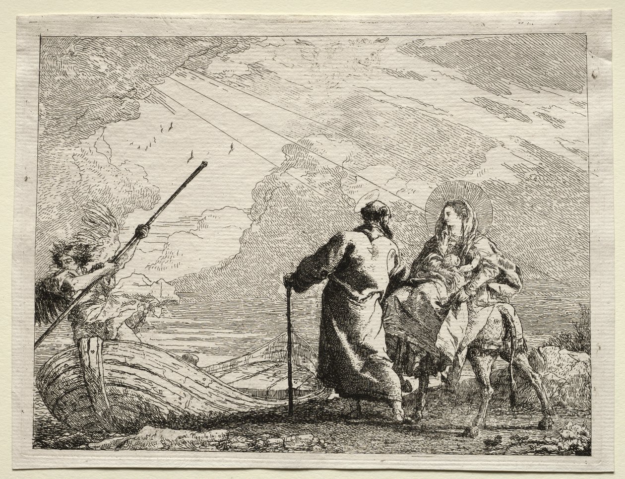 Fly til Egypt: Den hellige familie ankommer elvebredden av Giovanni Domenico Tiepolo