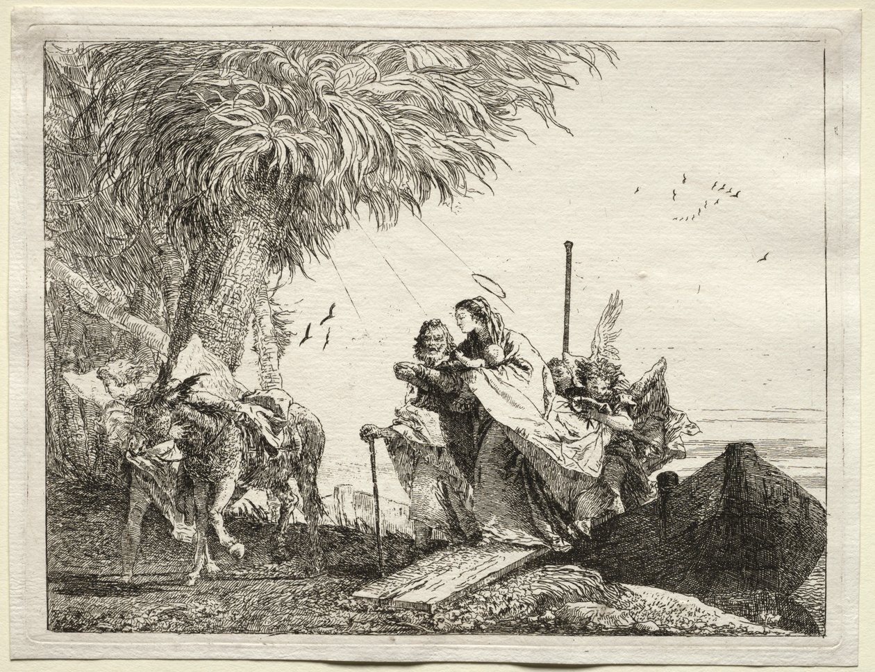 Flyvning til Egypt: Den hellige familie, ilandstigning av Giovanni Domenico Tiepolo