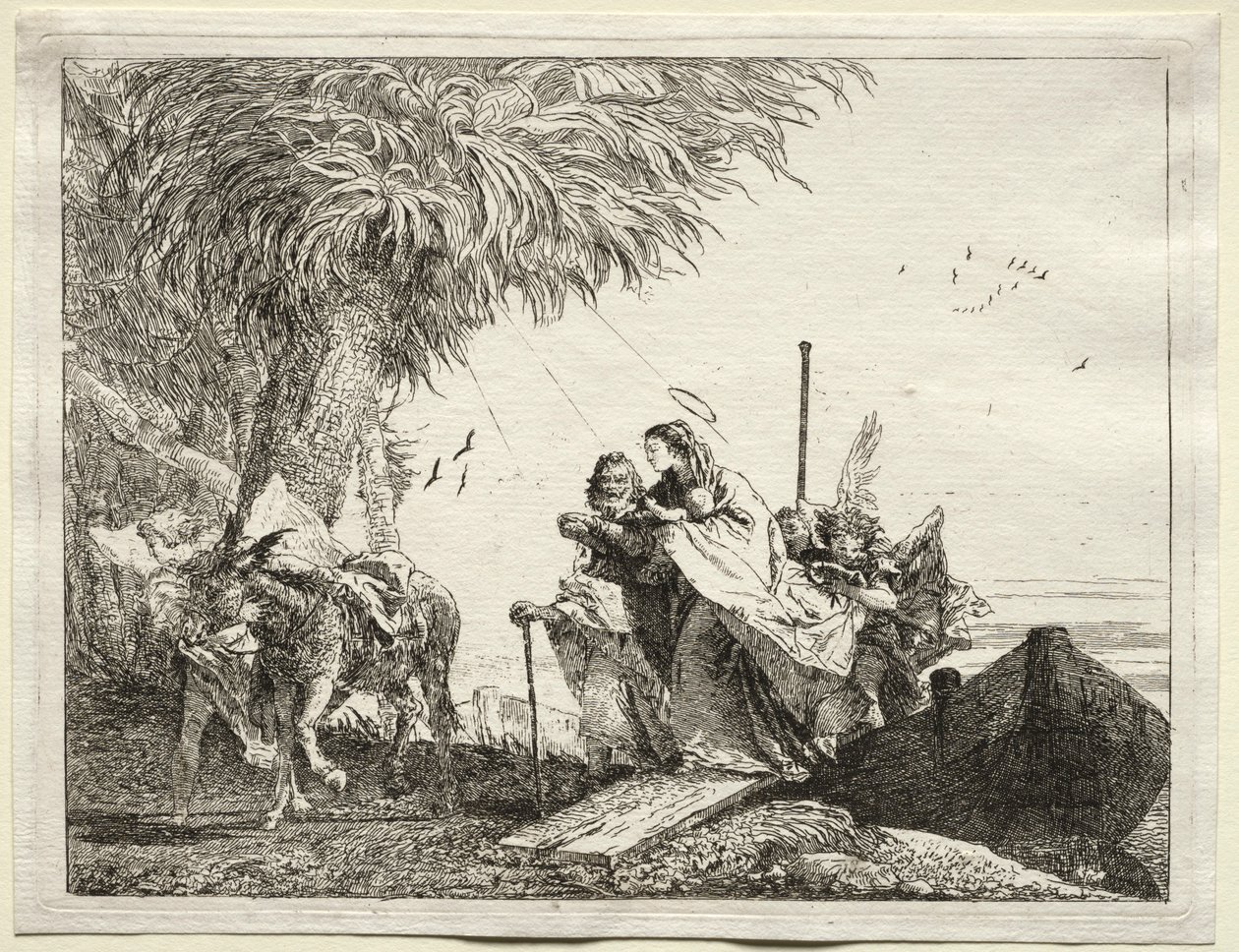 Flyvning til Egypt: Den hellige familie, ilandstigning. av Giovanni Domenico Tiepolo