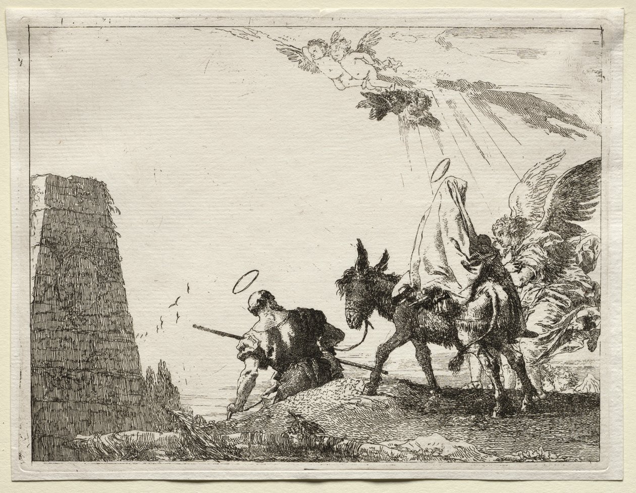 Fly til Egypt: Den hellige familie passerer nær en pyramide av Giovanni Domenico Tiepolo