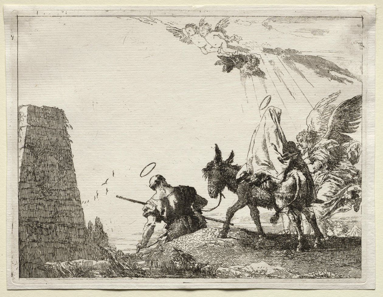 Fly til Egypt: Den hellige familie passerer nær en pyramide. av Giovanni Domenico Tiepolo