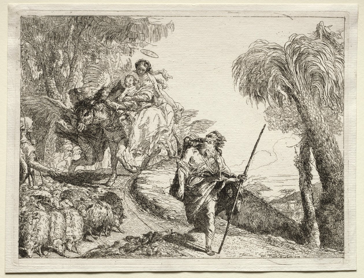 Flukt til Egypt: Den hellige familie og saueflokken. av Giovanni Domenico Tiepolo