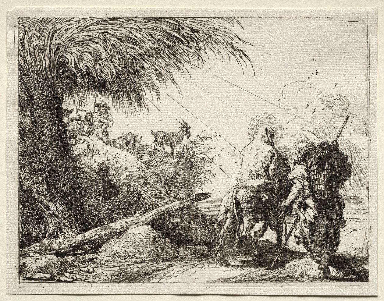 Flyvning til Egypt: Den hellige familie og palmetreet. av Giovanni Domenico Tiepolo