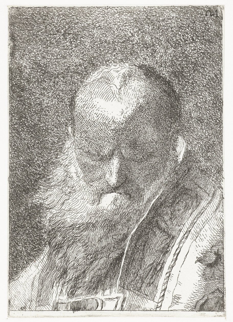 Geistlig med skallet hode i kapsel Samling av hoder (serietittel) Raccolta di Teste (serietittel) av Giovanni Domenico Tiepolo