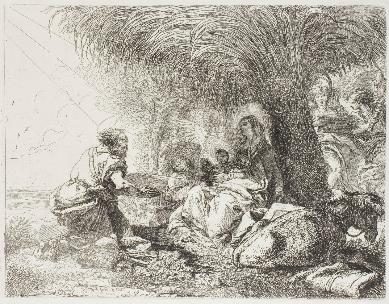 Joseph Adoring the Child Mens Two Angels Sing, plate nitten fra The Flight into Egypt av Giovanni Domenico Tiepolo
