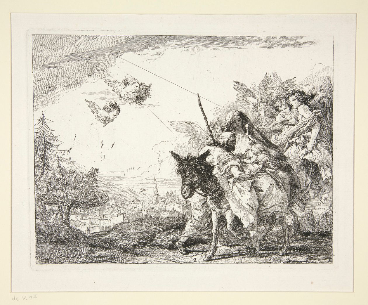 Joseph Contemplates the Infant Jesus, fra serien Picturesque Ideas over the Flight into Egypt (Flight into Egypt) av Giovanni Domenico Tiepolo