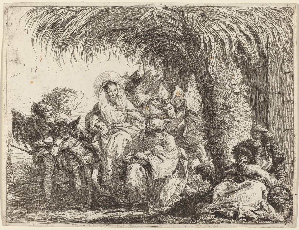 Joseph kneler med barnet foran Maria på eselet av Giovanni Domenico Tiepolo