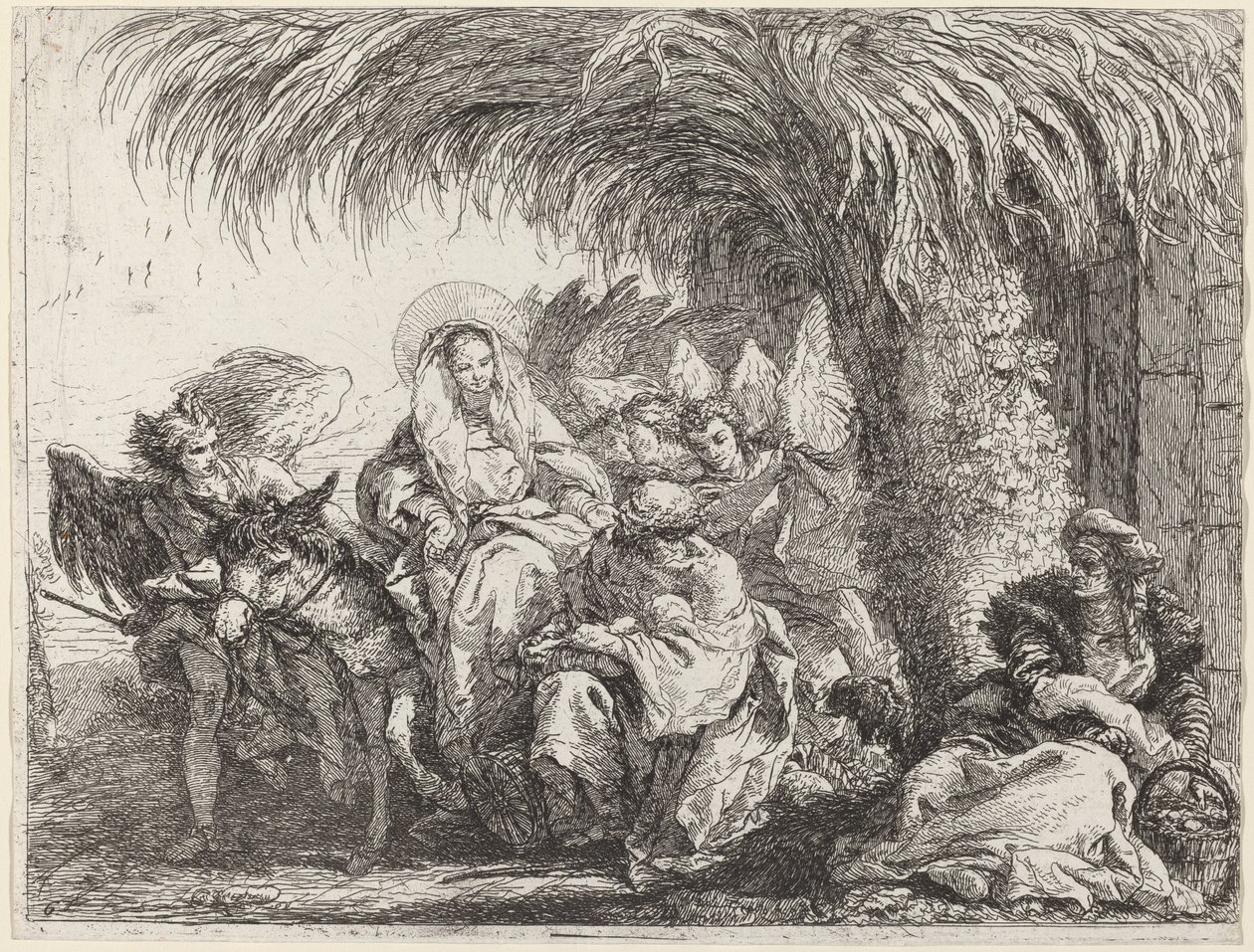 Joseph kneler med barnet foran Maria på eselet av Giovanni Domenico Tiepolo
