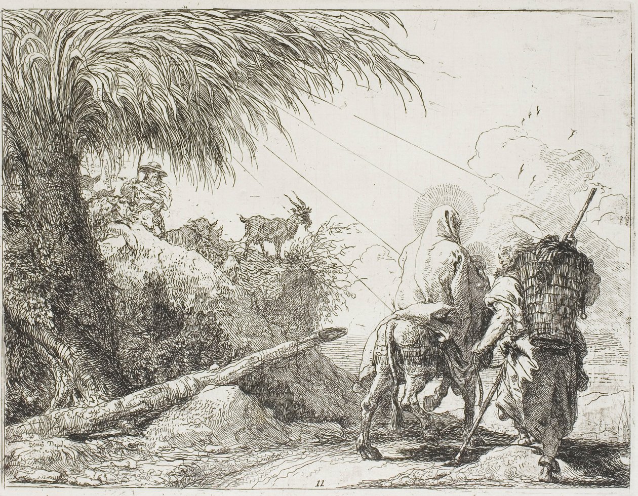 Joseph og Mary passerer en hyrde og hans flokk, tallerken elleve fra The Flight into Egypt av Giovanni Domenico Tiepolo