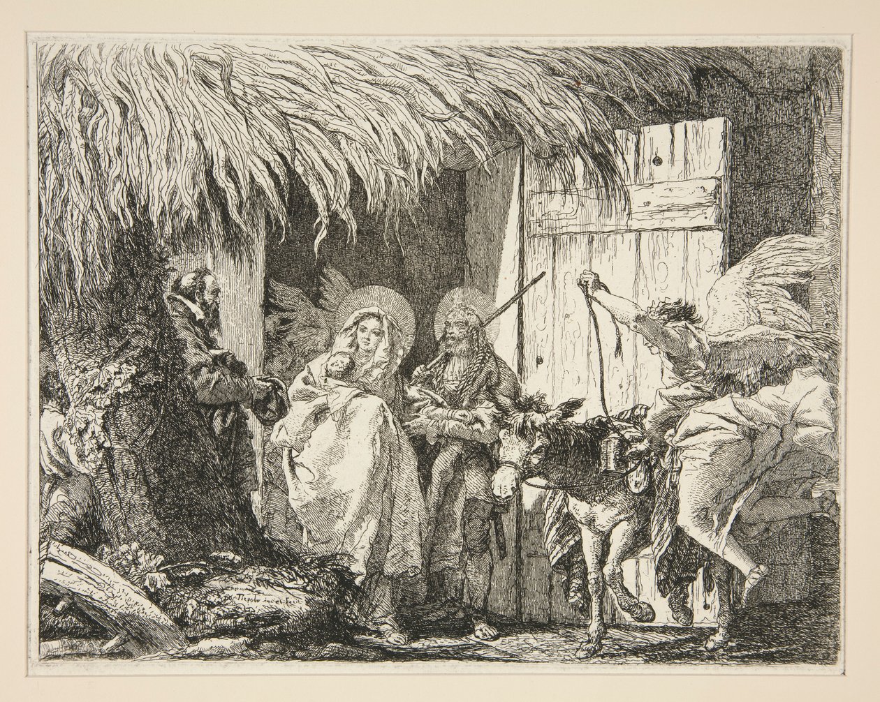 Josef og Maria foran et hus, fra serien Idee pittoresche sopra la fuga in Egitto (Flight into Egypt) av Giovanni Domenico Tiepolo