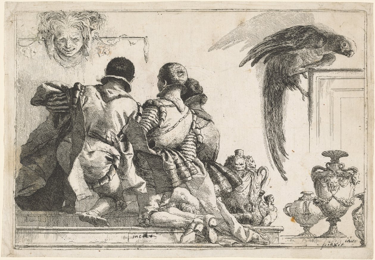 Knestående sider, en maske og en papegøye av Giovanni Domenico Tiepolo