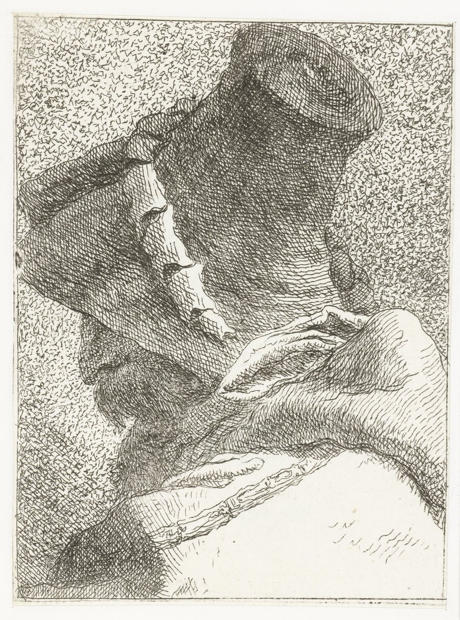 Mann med hodet vendt bort med hatt Samling av hoder (serietittel) Raccolta di Teste (serietittel) av Giovanni Domenico Tiepolo