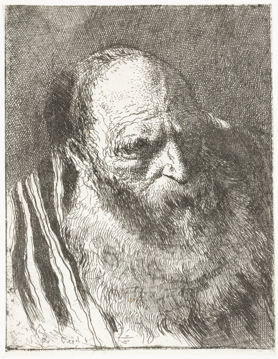 Mann med skjegg i stripet kappe Samling av hoder (serietittel) Raccolta di Teste (serietittel) av Giovanni Domenico Tiepolo