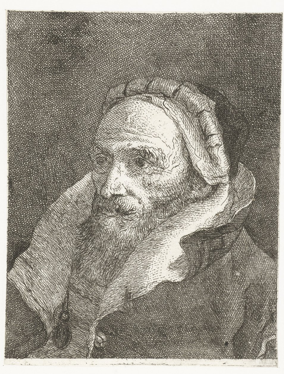 Mann med høy dreiet kappekrage Samling av hoder (serietittel) Raccolta di Teste (serietittel) av Giovanni Domenico Tiepolo