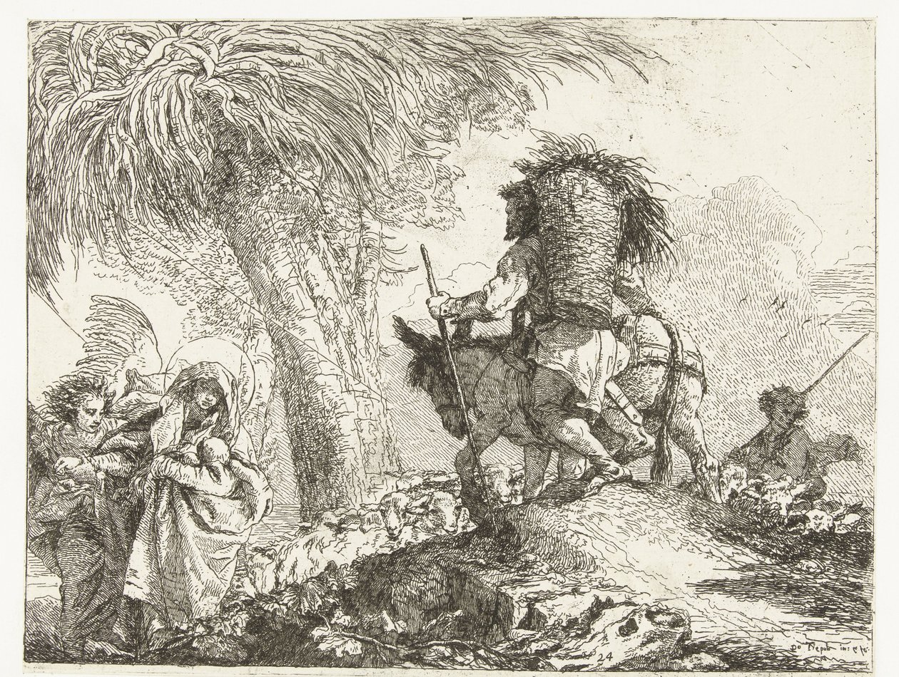 Maria med barn støttet av en engel og Josef fører et esel forbi en hyrde med sauer Fly til Egypt (serietittel) Idea pittoreske sopra la fugga i Egitto (serietittel) av Giovanni Domenico Tiepolo