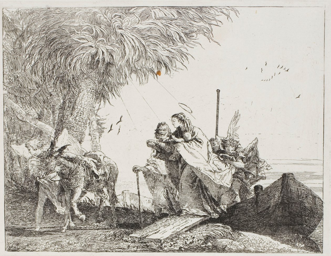 Mary, hjulpet av Josef og en engel, går ut av båten, tallerken atten fra The Flight into Egypt av Giovanni Domenico Tiepolo