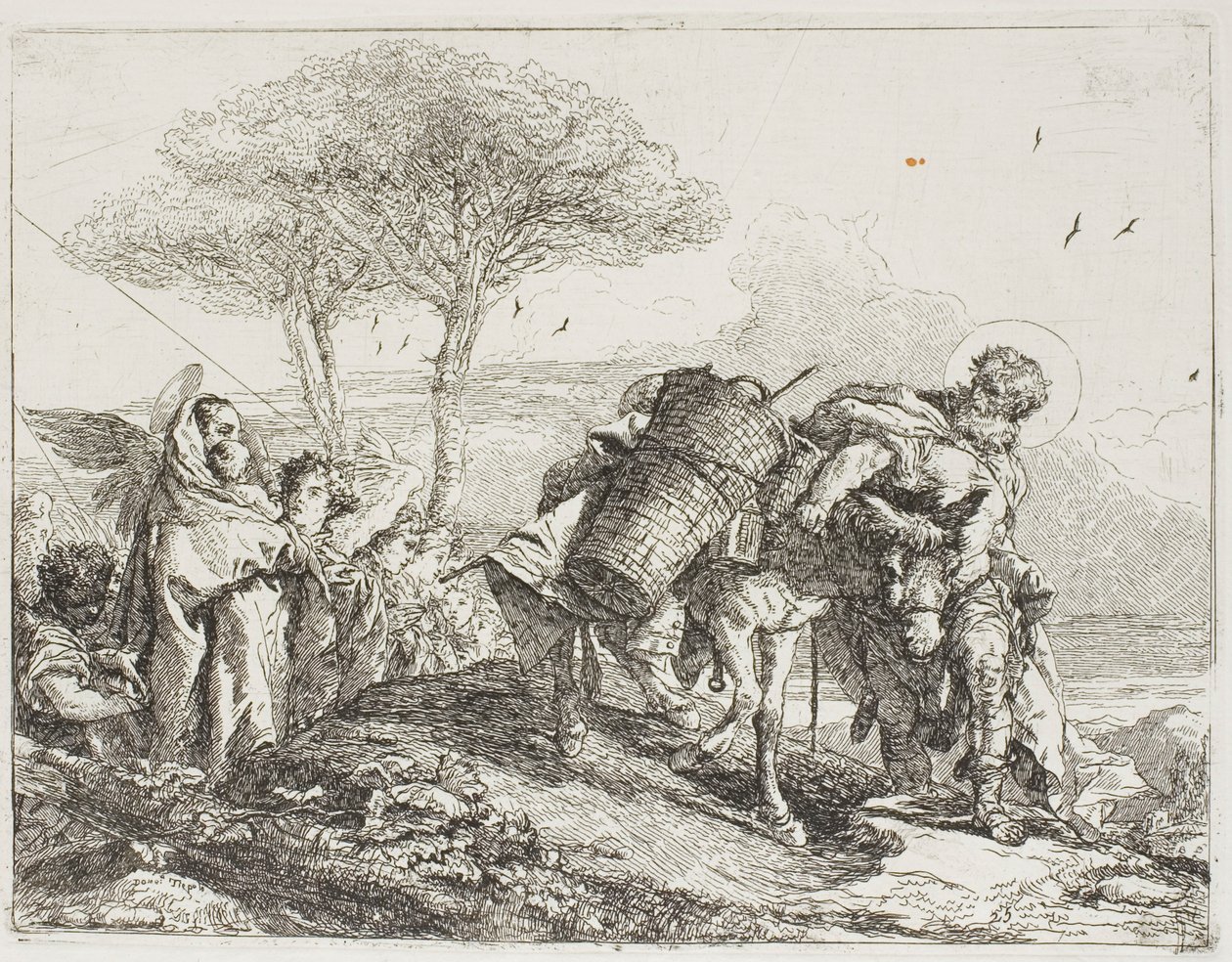 Mary, hjulpet av to engler, følger Josef med eselet, plate 25 fra The Flight into Egypt av Giovanni Domenico Tiepolo