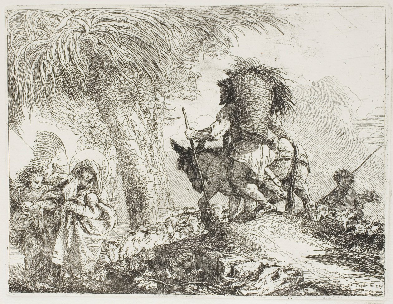 Mary, hjulpet av en engel, og Joseph som bærer kurven, passerer en flokk, plate 24 fra The Flight into Egypt av Giovanni Domenico Tiepolo