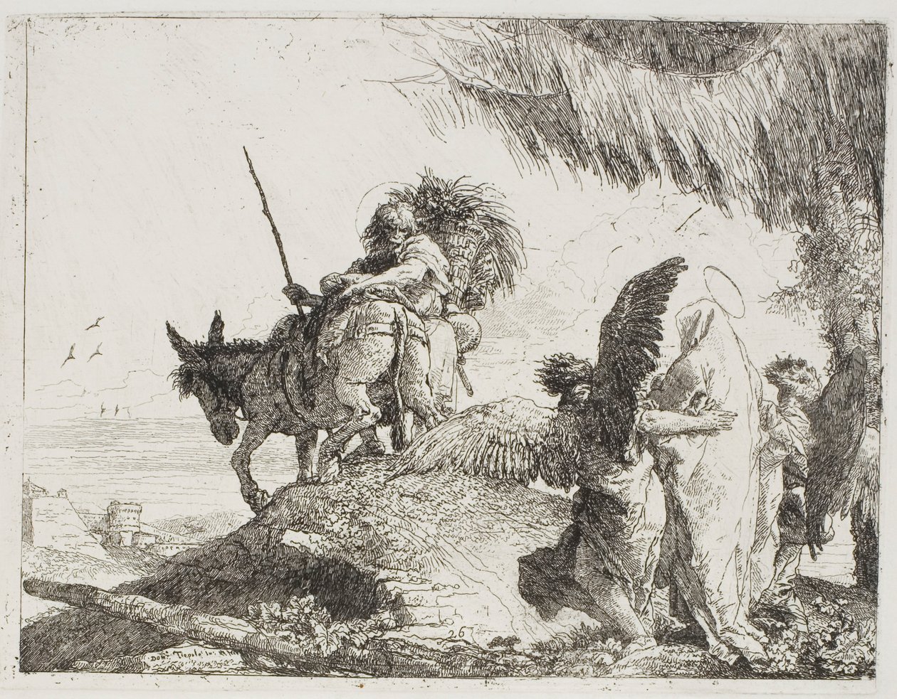 Mary, støttet av to engler, følger Joseph, plate 26 fra The Flight into Egypt av Giovanni Domenico Tiepolo
