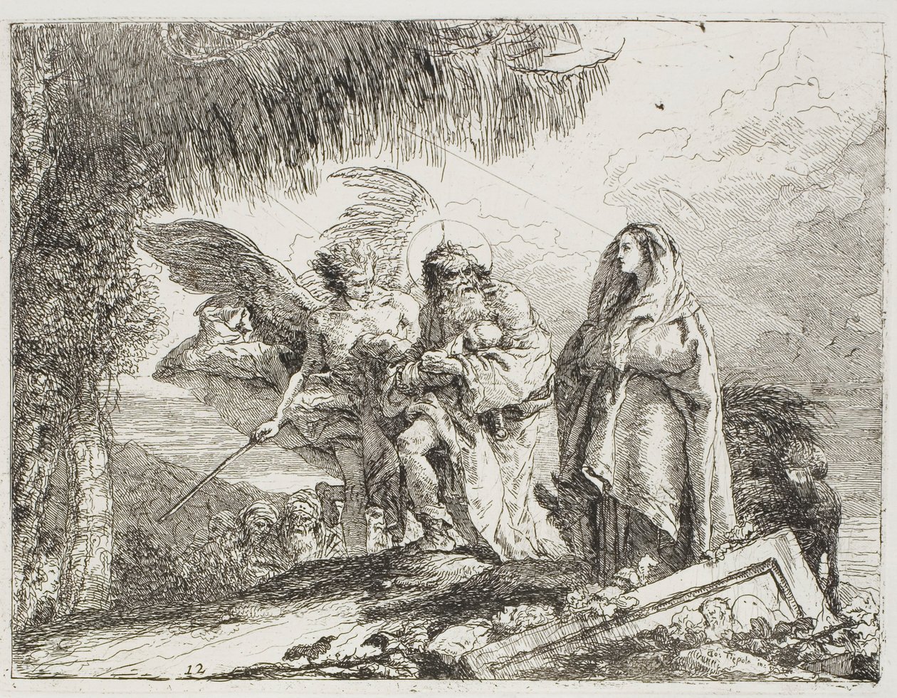 Mary og Joseph, Holding the Child, blir eskortert av en engel, tallerken tolv fra The Flight into Egypt av Giovanni Domenico Tiepolo