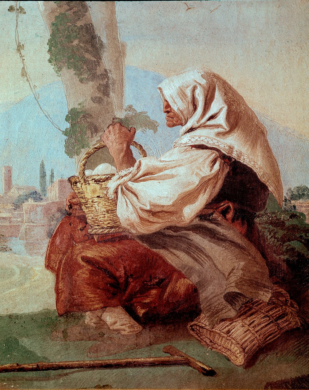 Gammel bondekvinne med en kurv med egg, fra 'Foresteria' (gjestehus) av Giovanni Domenico Tiepolo