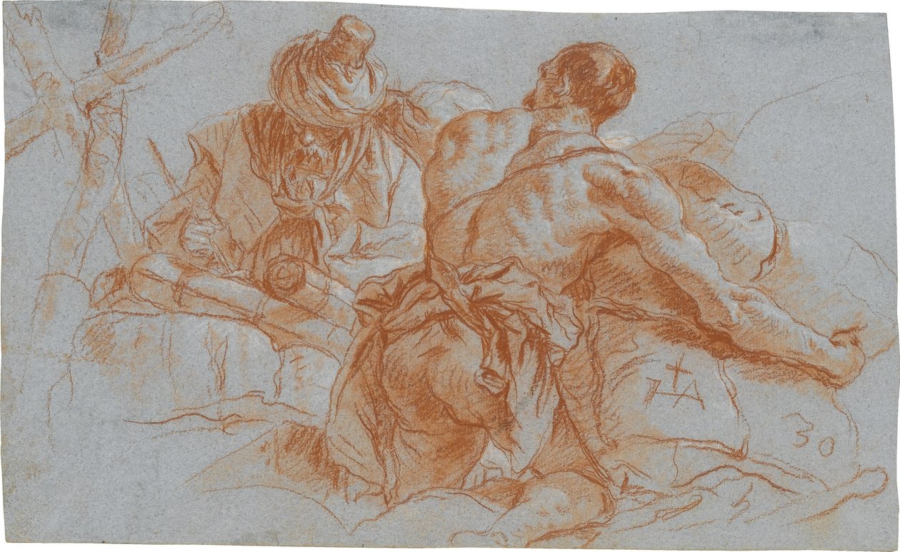 Orientalische Handelsleute mit Warenballen; verso: Skizze zu einem angewinkelten linken Arm av Giovanni Domenico Tiepolo