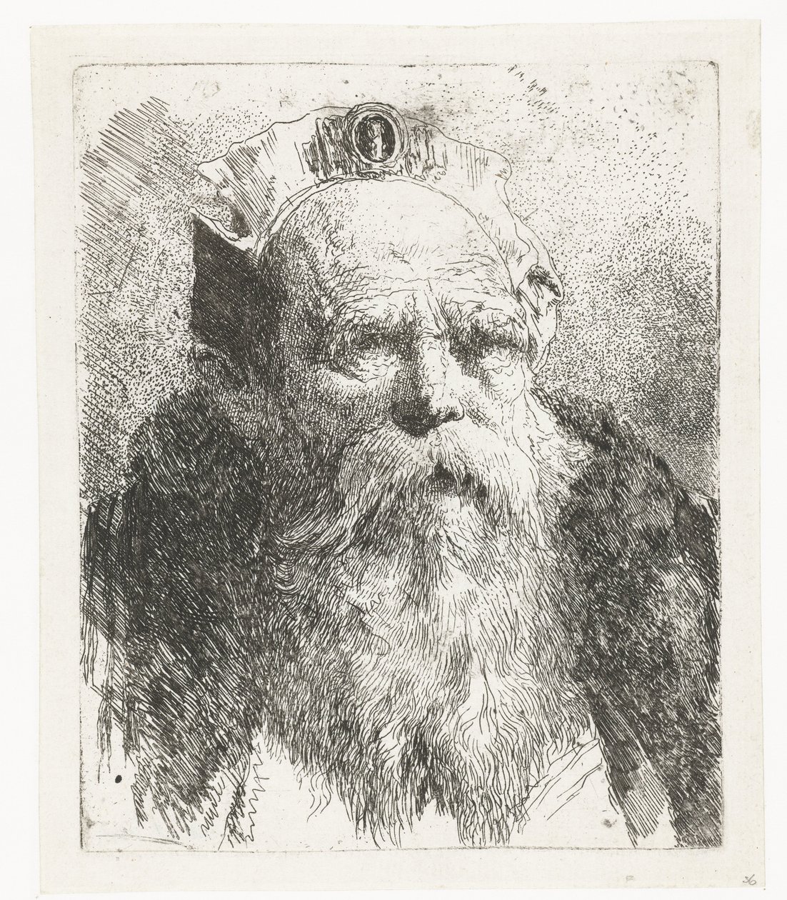 Gammel mann med skjegg og hatt med smykker Samling av hoder (serietittel) Raccolta di Teste (serietittel) av Giovanni Domenico Tiepolo