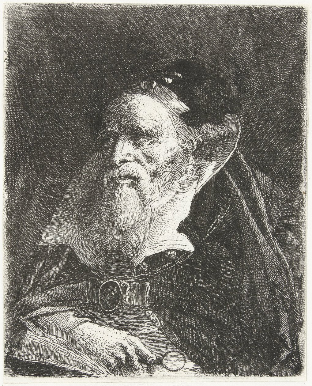 Gammel mann med bok og forstørrelsesglass Samling av hoder (serietittel) Raccolta di Teste (serietittel) av Giovanni Domenico Tiepolo