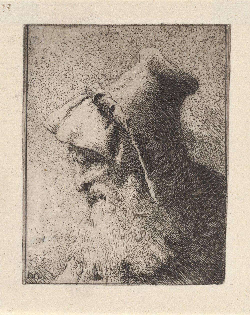 Profil av en eldre mann med skjegg, fra *Raccolta di Teste* (Samling av hoder) av Giovanni Domenico Tiepolo