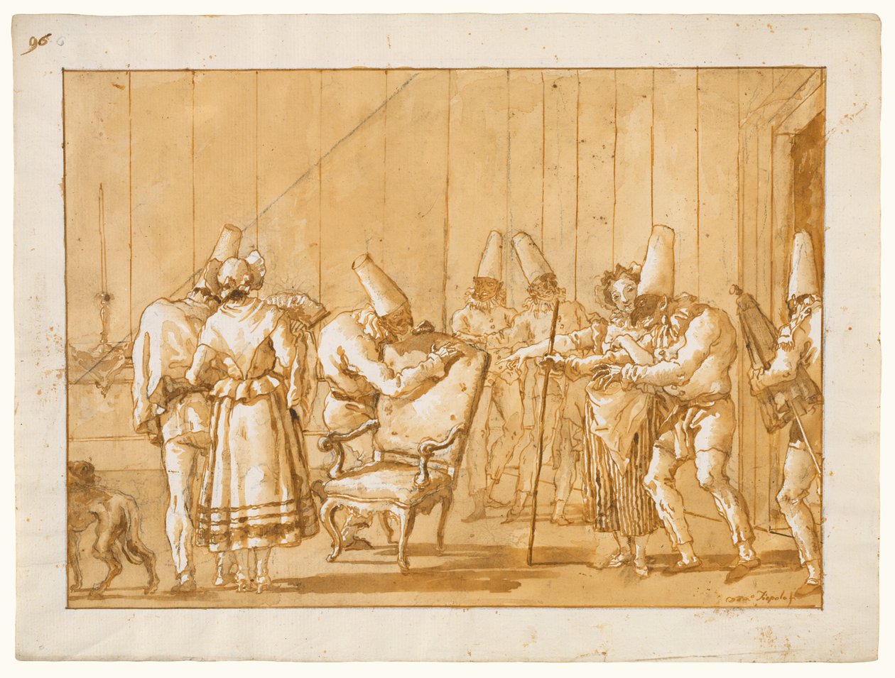 Punchinello blir hjulpet til en stol av Giovanni Domenico Tiepolo