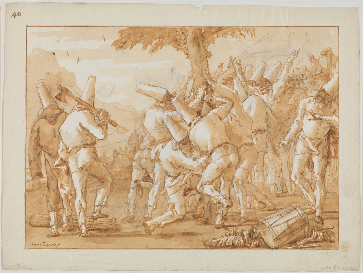 Punchinellos fällen (oder pflanzen) einen Baum av Giovanni Domenico Tiepolo
