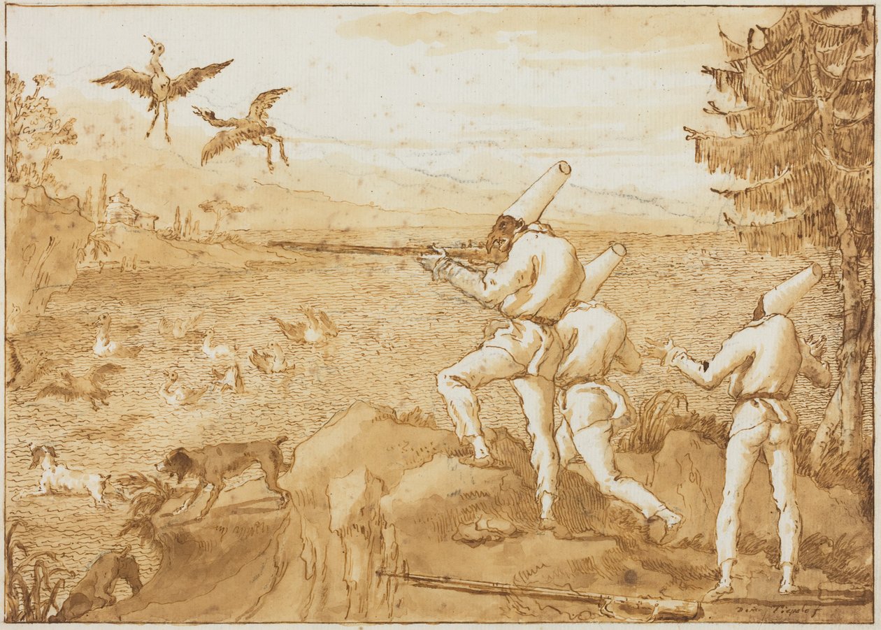 Punchinelloer på jakt etter vannfugler av Giovanni Domenico Tiepolo