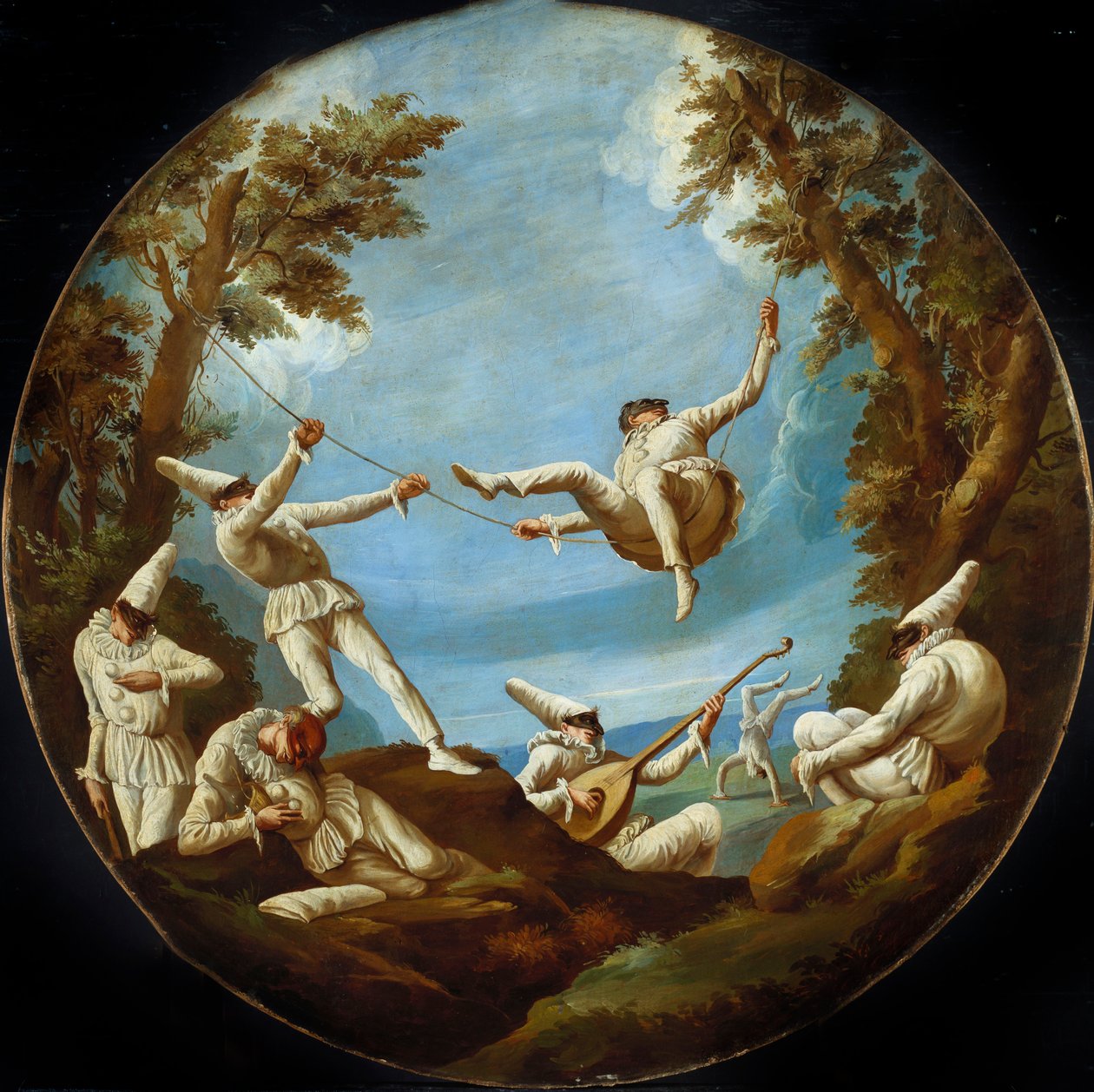 Punchinellos på husker, lager musikk og gjør akrobatikk i et landskap av Giovanni Domenico Tiepolo