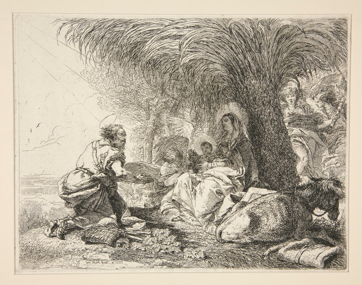 Saint Joseph Adoring the Infant Jesus, fra serien Idee pittoresche sopra la fuga in Egitto (Flight into Egypt) av Giovanni Domenico Tiepolo