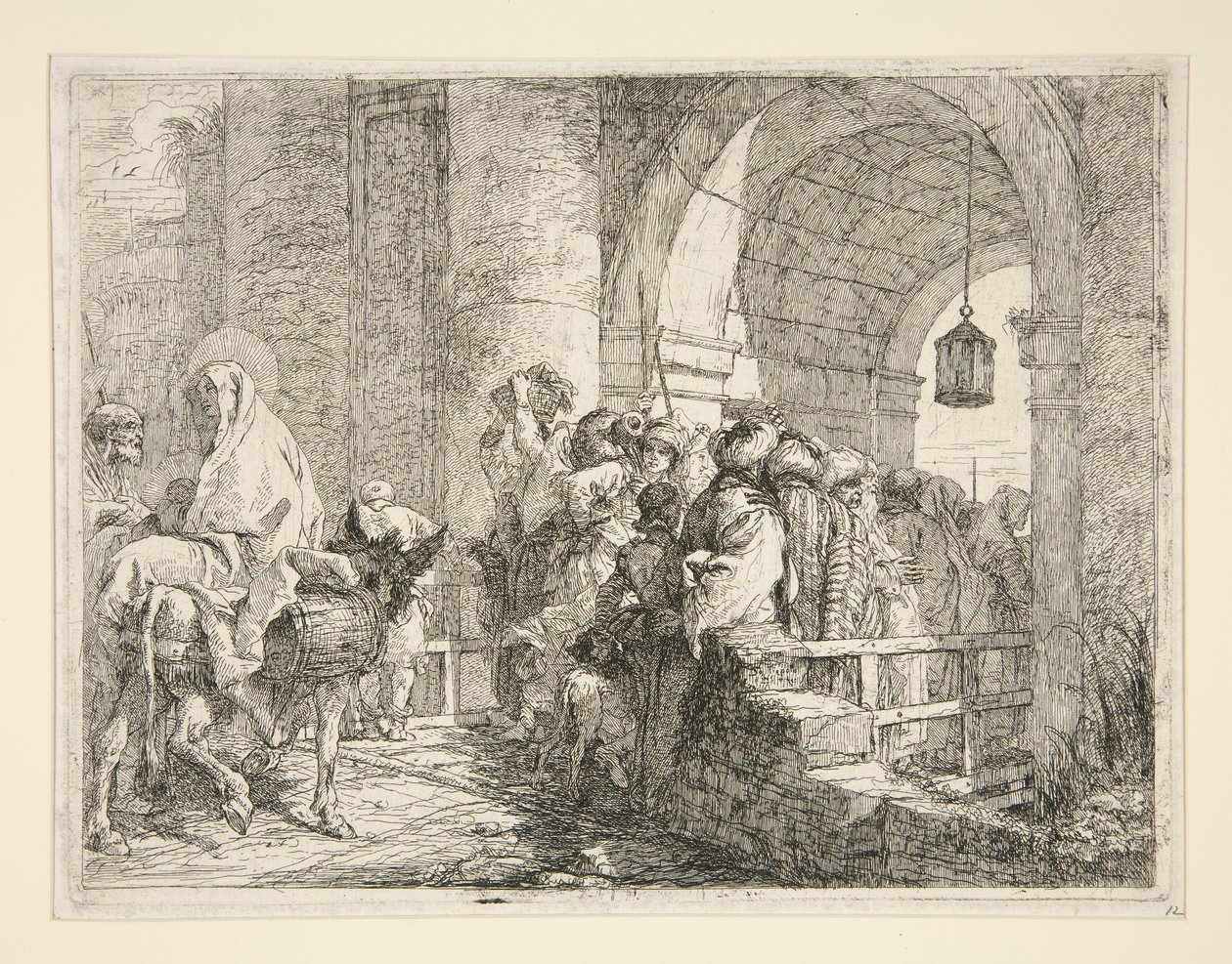 The Arrival of the Holy Family at the Gate of a Town, fra serien Idee pittoresche sopra la fuga in Egitto (Flight into Egypt) av Giovanni Domenico Tiepolo