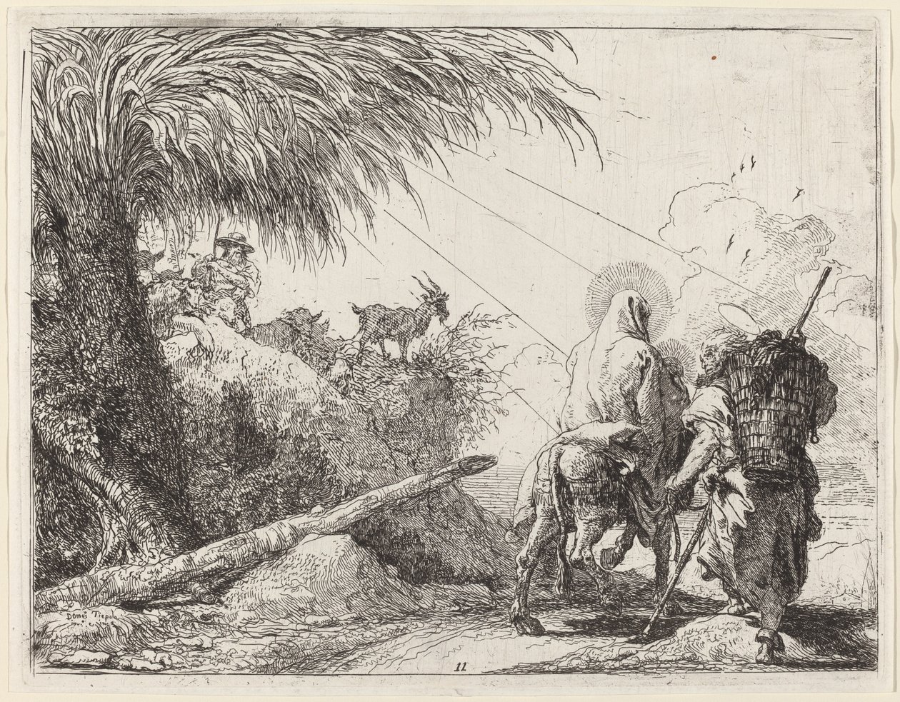 Flykten, hellig familie til høyre, Joseph ser til venstre av Giovanni Domenico Tiepolo