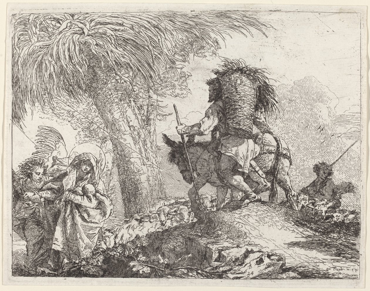 Flykten, Josef til høyre og Maria og engel til venstre av Giovanni Domenico Tiepolo