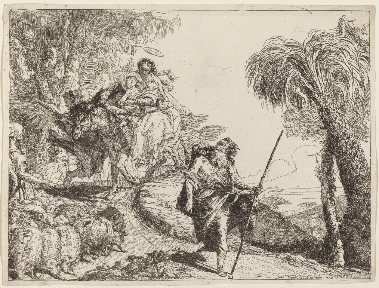 Flukten med Joseph i forgrunnen av Giovanni Domenico Tiepolo