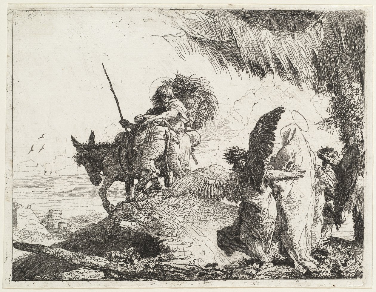 The Flight, med Madonna til høyre støttet av engler av Giovanni Domenico Tiepolo