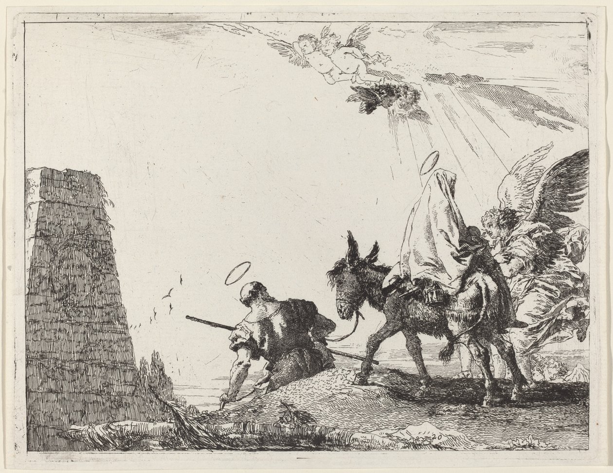 Flyturen med obelisk til venstre av Giovanni Domenico Tiepolo