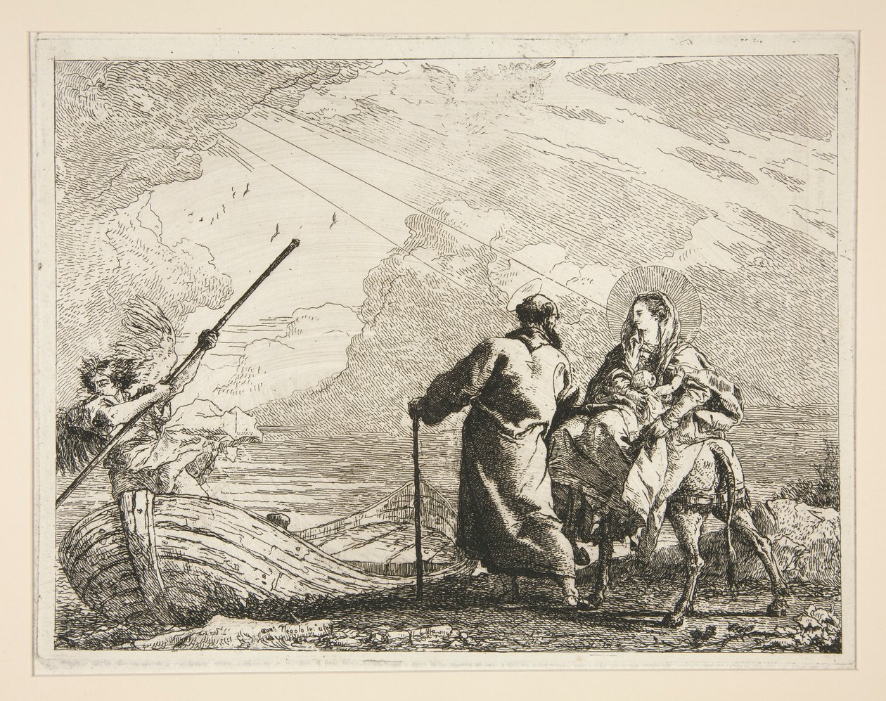The Holy Family Arrives at the Edge of a River, fra serien Idee pittoresche sopra la fuga in Egitto (Flight into Egypt) av Giovanni Domenico Tiepolo