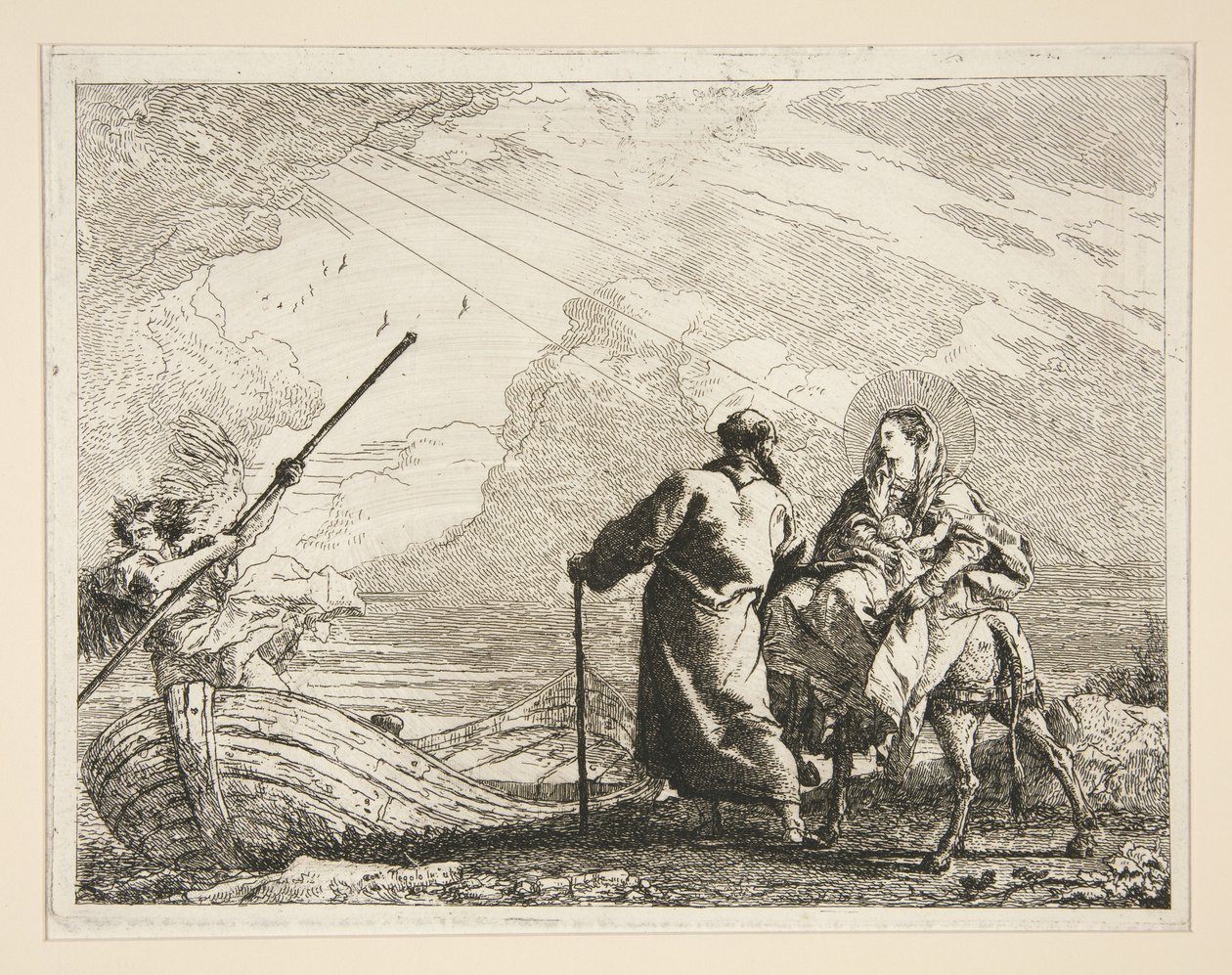 Den hellige familie kommer til bredden av en elv, fra serien Idee pittoresche sopra la fuga in Egitto (Flukten til Egypt) av Giovanni Domenico Tiepolo
