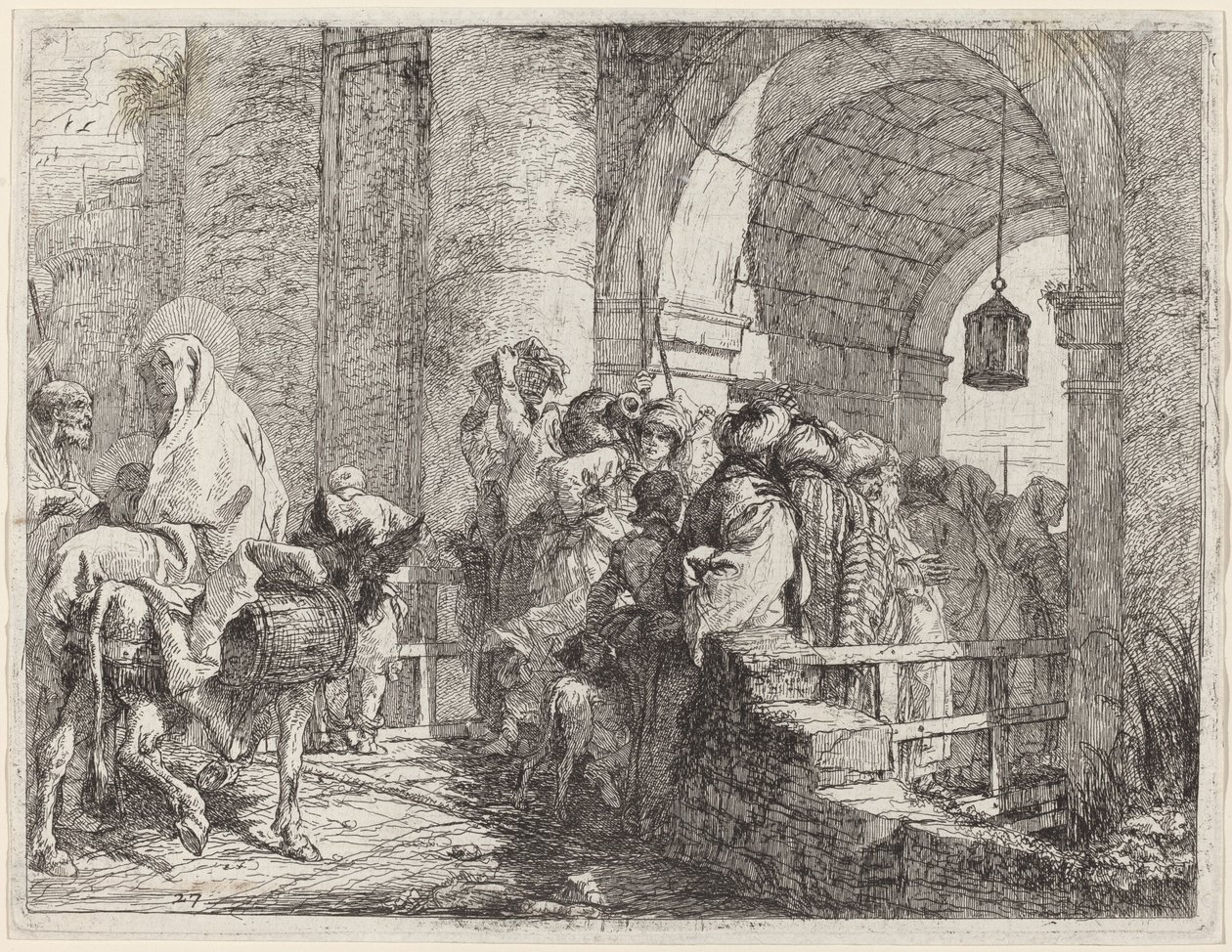 Den hellige familie ankommer en byport av Giovanni Domenico Tiepolo