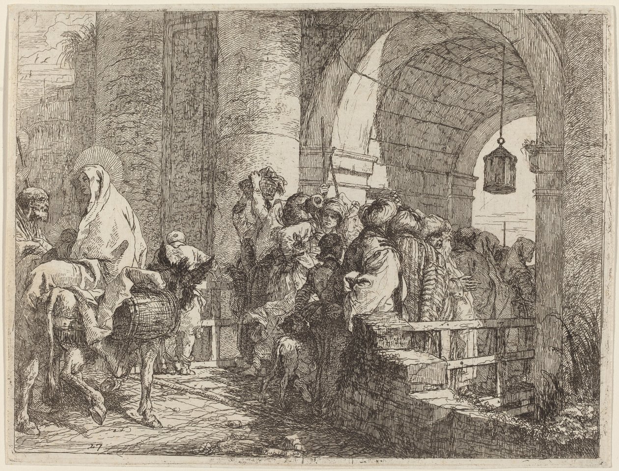 Den hellige familie ankommer en byport av Giovanni Domenico Tiepolo
