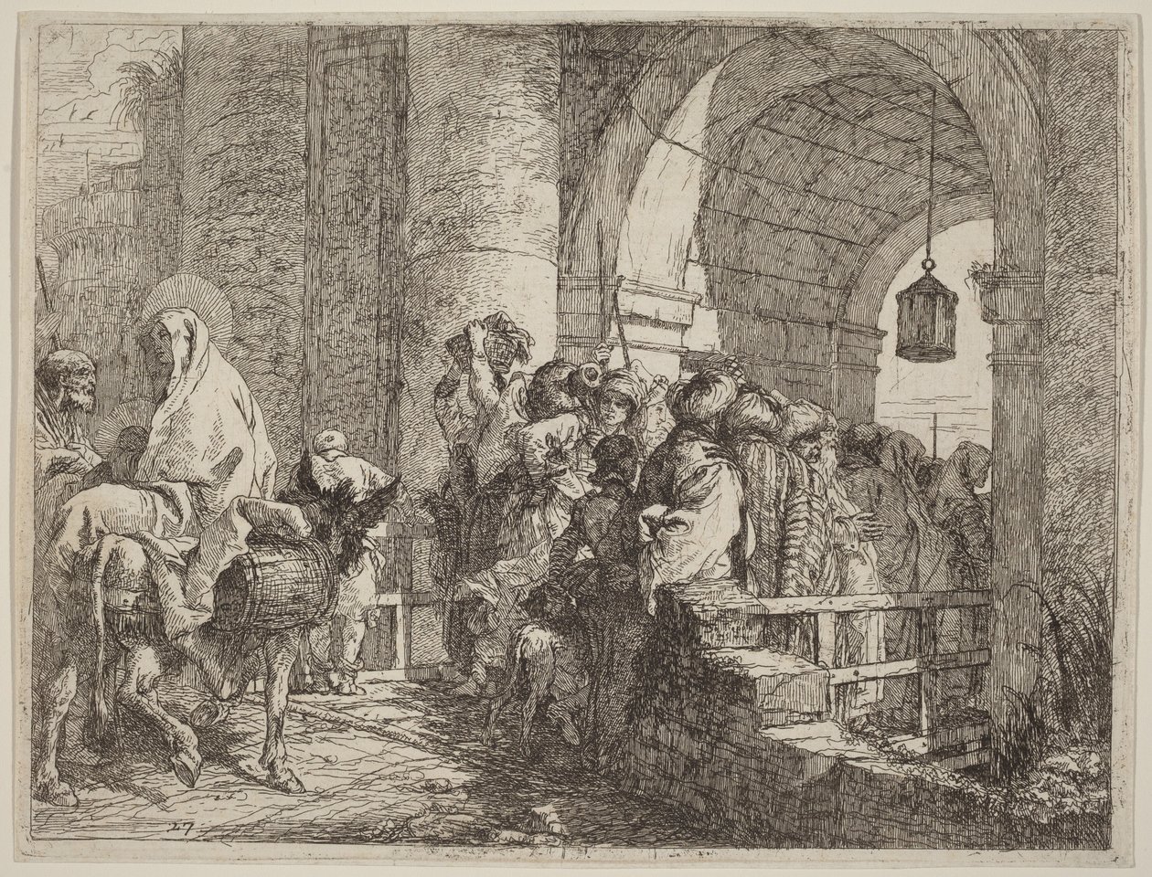 Den hellige familie ankommer til en byport av Giovanni Domenico Tiepolo