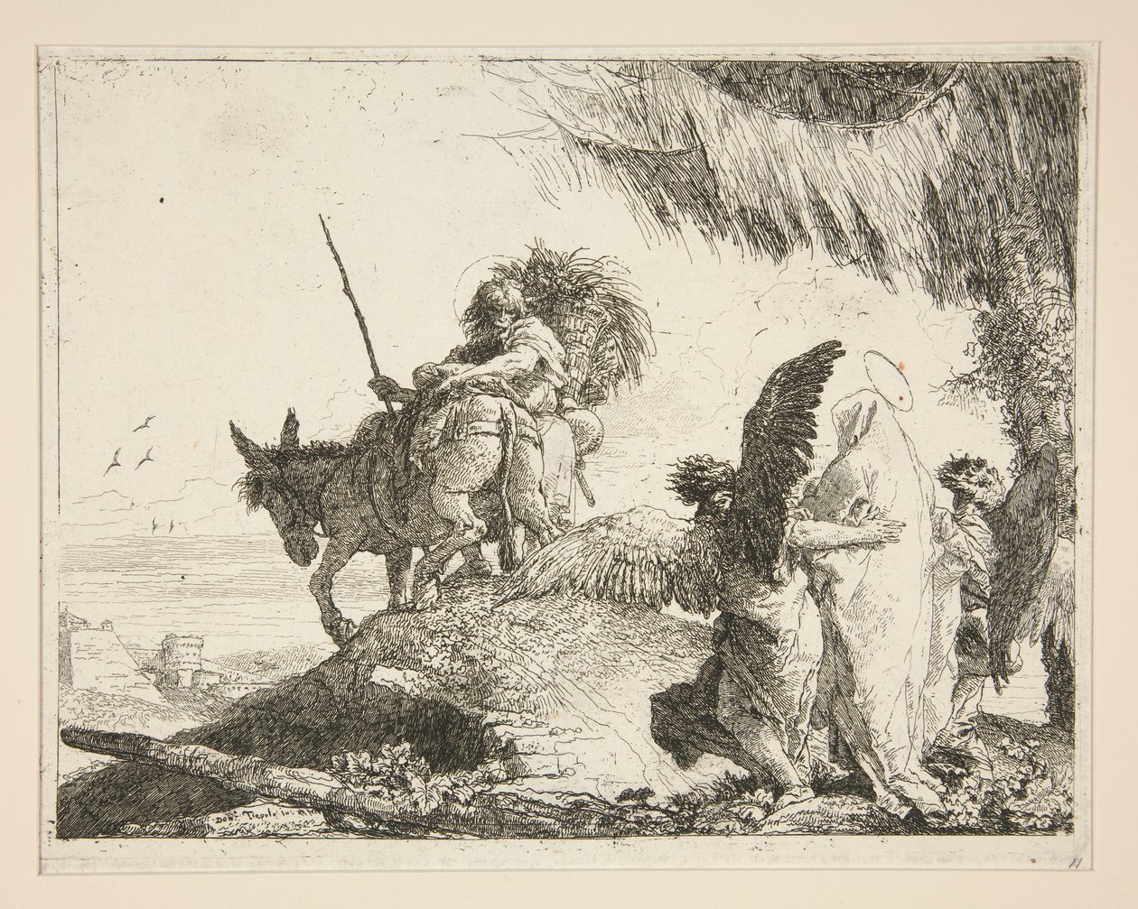 The Holy Family Between Two Angels, fra serien Idee pittoresche sopra la fuga in Egitto (Flight into Egypt) av Giovanni Domenico Tiepolo