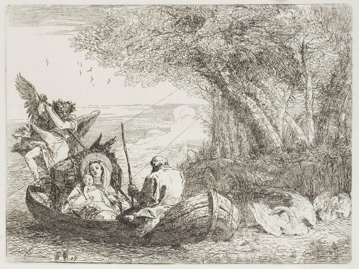 The Holy Family Crossing the Lake in the Boat, plate sytten fra The Flight into Egypt av Giovanni Domenico Tiepolo