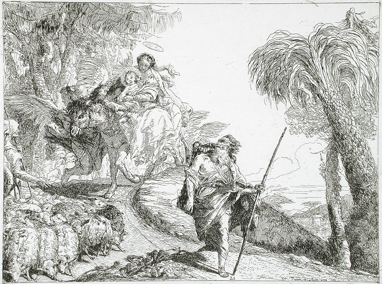 Den hellige familie som går ned en skogsti, nær en flokk og noen gjetere av Giovanni Domenico Tiepolo